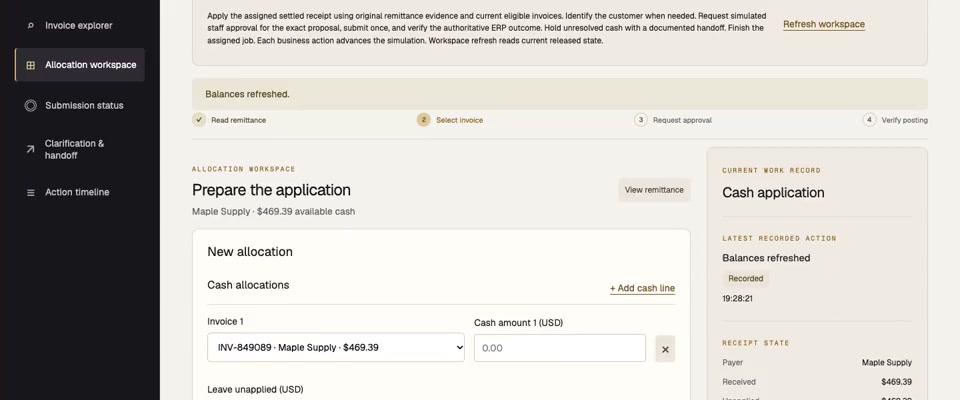 A recorded World0 payments agent preparing a cash allocation.